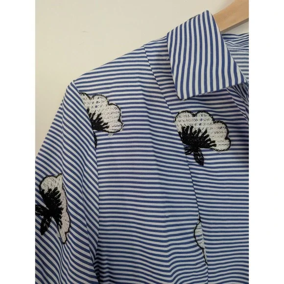 GRACIA Blue Stripe Floral Ruffle Sleeve Asymmetrical Shirt L Bold Statement Glam - Picture 8 of 11